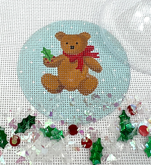 Christmas Ornament w/ Clear Dome Cover & Confetti – Teddy Bear w/ Red Bow On Snowy Sky XMD-11