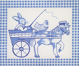 Blue Toile Bunny In Cart With Horse & Hen, Blue Gingham Border KR-PL-03