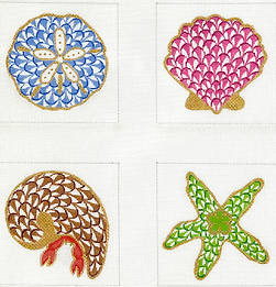 Set Of 4 Coasters – Fishnet Shells & Sea Life – Blues, Greens, Pinks & Cinnabars CO4-58
