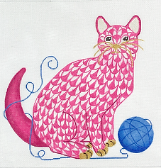 Herend-Inspired Fishnet Cat w/ Ball Of Yarn – Pink & Blue w/ Gold (Can Be Stitched As A Stand-Up) PL-513