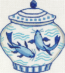 Mini Chinese Vase – Short Blue & White w/ Koi Fish OM-331