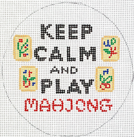 4” Round – Keep Calm & Play Mahjong – Red, Black, Ivory, Green & Blue On White INSMC-71
