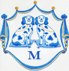 Monogram Crest – Staffordshire Dogs On Cushions – Blues, White & Gold (Specify Letter Or Blank) ALCR-01