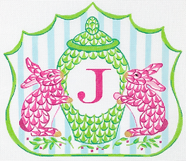 Monogram Crest – Fishnet Bunnies & Porcelain Pot – Pinks, Greens & Soft Blue (Specify Letter Or Blank) ALCR-11
