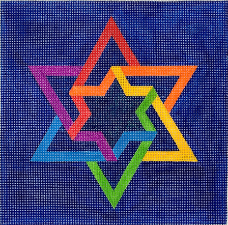 Tefillin Bag – Double Interlocking Star Of David – Rainbow Colors On Deep Blue TEF-01