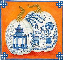 Chinoiserie Porcelain Pumpkins w/ Chinese Border – Blues, Oranges & Gold PL-470
