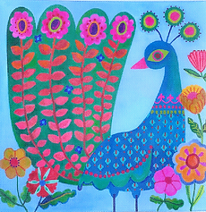 Peacock w/ Floral Tail – On Medium Blue SHS-PL-10