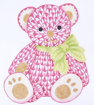 Herend-Inspired Fishnet Teddy Bear – Pink w/ Gold & Lime Ribbon SST-44