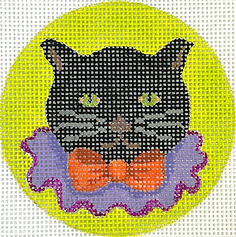 Halloween Mini – Black Cat w/ Orange Bow Tie & Purple Ruff On Acid Green Background OM-410