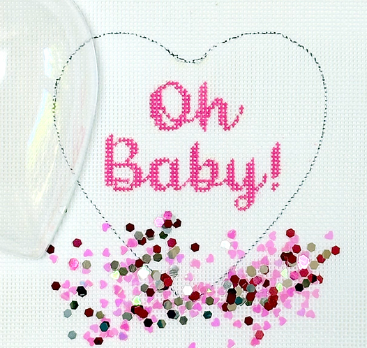 Heart Mini w/ Clear Dome & Confetti – “Oh Baby!” – Pink On White OMD-52
