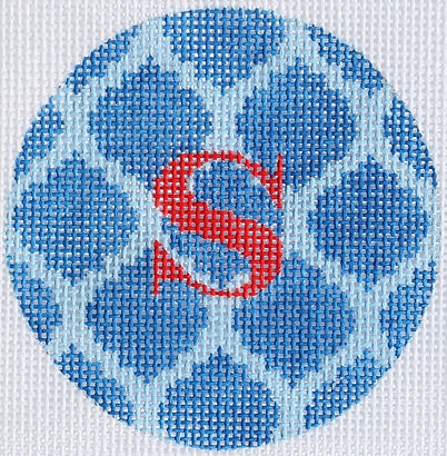 Bright Disk Letter – Royal & Sky Blue Quatrefoil Damask, Red Letter (Specify Letter Or Blank) ALB-60