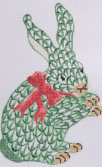 Christmas Ornament – Herend-Style Standing Bunny w/ Ribbon – Green w/ Red & Gold XM-93