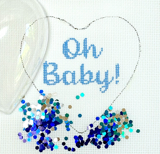 Heart Mini w/ Clear Dome & Confetti – “Oh Baby!” – Blue On White OMD-53