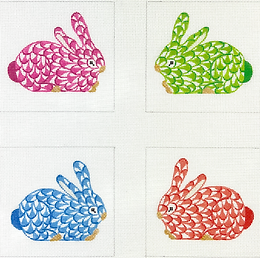 Set Of 4 Coasters – Fishnet Crouching Bunnies – Blues, Greens, Pinks & Cinnabars CO4-59