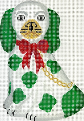 Mini Staffordshire Dog – White & Green w/ Gold Chain & Sparkly Red Bow (Facing Left) XM-160