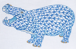 Herend-Inspired Fishnet Hippo – Blue w/ Gold SST-38