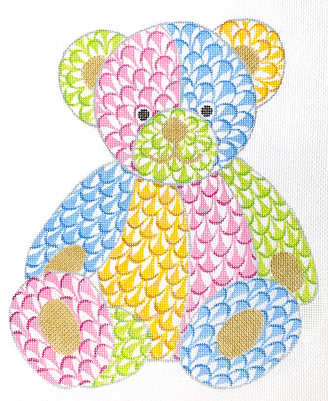 Herend-Inspired Fishnet Patchwork Teddy Bear – Pinks, Blues, Yellows & Greens With Gold SST-335