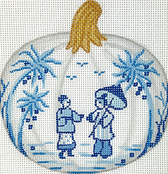 Mini Chinoiserie Pumpkin – Small Round w/ People, Parasol & Palms – White w/ Blues & Golds OM-341