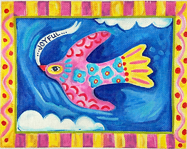 “Joyful” Flying Bird w/ Pink & Yellow Border JE-PL-19