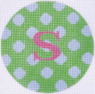 Bright Disk Letter – Kelly Green w/ Periwinkle Polka Dots & Fuchsia Letter (Specify Letter Or Blank) ALB-80