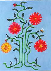 Vibrant Zinnias w/ Ladybug & Bee – On Bright Blue AT-PL-02