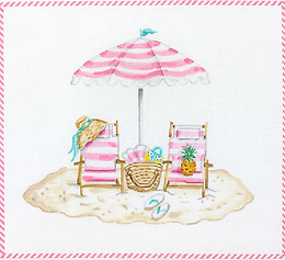 Beach Scene w/ Pink & White Striped Umbrella & Chairs SM-PL-15