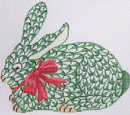 Christmas Ornament – Herend-Style Crouching Bunny w/ Ribbon – Green w/ Red & Gold XM-92