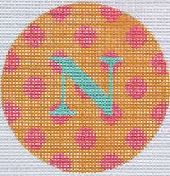 Bright Disk Letter – Tangerine w/ Watermelon Polka Dots, Turquoise Letter (Specify Letter Or Blank) ALB-29