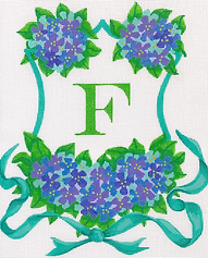 Monogram Crest – Hydrangeas & Ribbon – Blues, Lavenders, Turquoise (Specify Letter Or Blank) ALCR-19