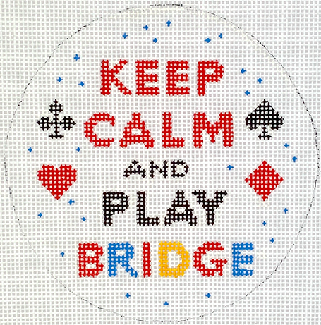 4” Round – Keep Calm & Play Bridge – Red, Black, Yellow & Blue On White INSMC-70