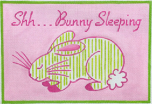 “Shh…Bunny Sleeping” – Jilly Walsh Pink & Green Striped Bunny – On Light Pink JW-DH-06