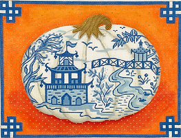 Chinoiserie Porcelain Pumpkin w/ Chinese Border – Blues, Oranges & Gold PL-469