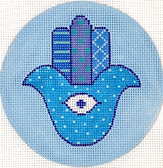 Hannukah Round – Hamsa Hand w/ Protective Eye – Mixed Blues & Sparkly White On Light Blue JM-08