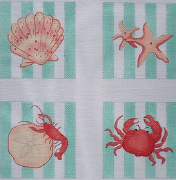 Set Of 4 Coasters – Shells & Crustaceans On Cabana Stripes – Corals & Turquoise CO4-04