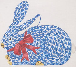 Herend-Inspired Fishnet Bunny w/ Bow – Crouching Blue Bunny w/ Red Bow (All-American) SST-332