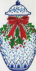 Christmas Ornament – Chinese Vase – Blue & White w/ Red Bow, Greenery & Red Berries XM-155