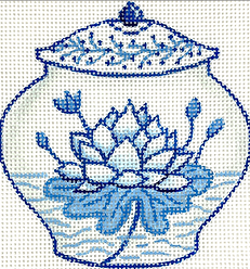 Mini Chinese Vase – Short Blue & White w/ Lotus Flower OM-330