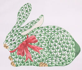 Herend-Inspired Fishnet Bunny w/ Bow – Crouching Emerald Bunny w/ Red Bow (Christmas) SST-219
