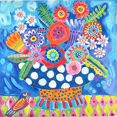 Bright Flowers In Blue Polka Dot Vase w/ Bird & Diamond Tablecloth JE-PL-15