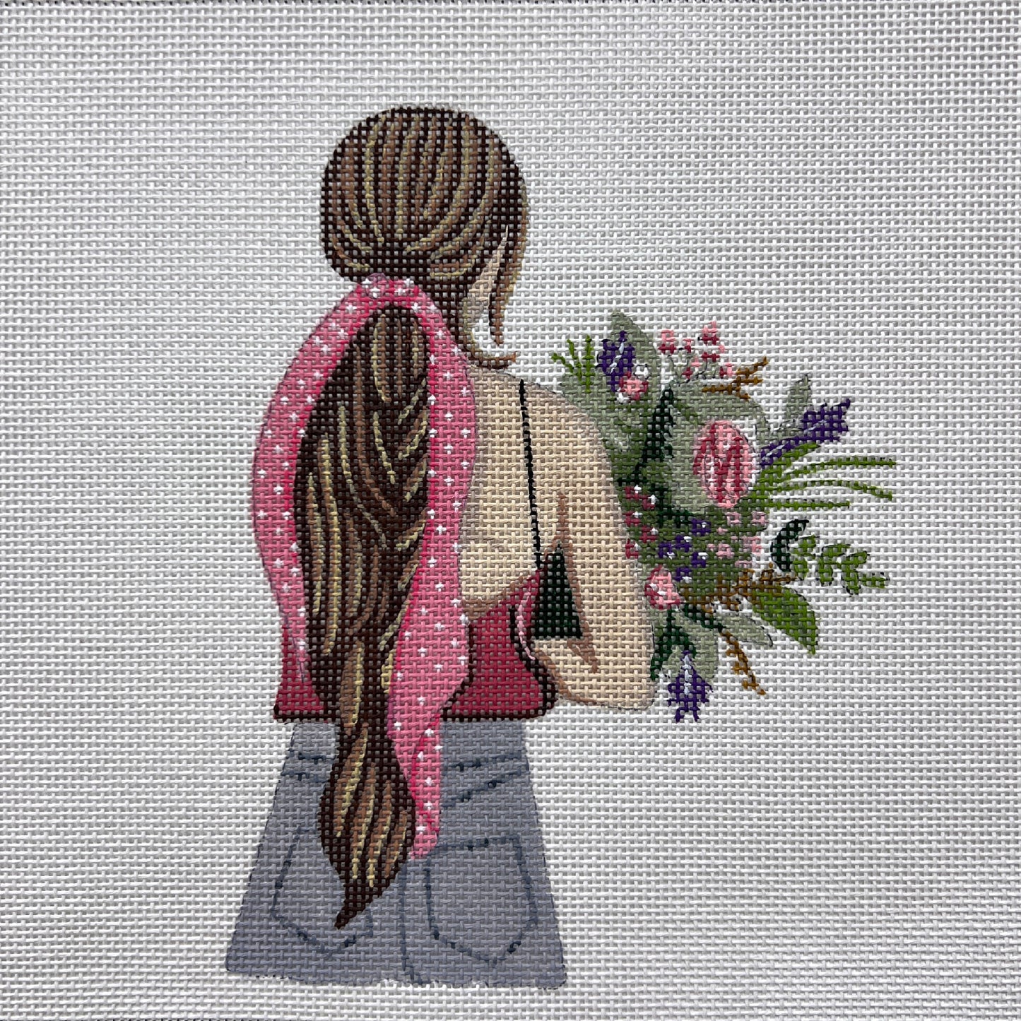 Girl With Pink Ribbon & Bouquet 4732