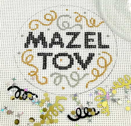 3” Round w/ Clear Dome & Confetti – “Mazel Tov” w/ Black w/ Gold & Silver Confetti Swirls JMD-11