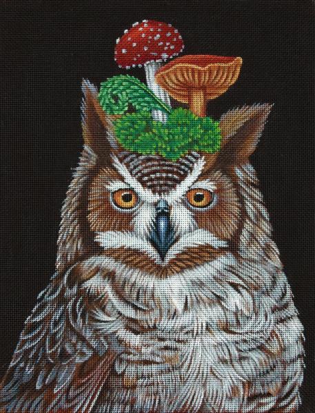 Great Horned Owl with Mushrooms  VS340