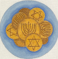 Hannukah Round – Gelt – Golds On Light Blue JM-06