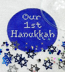 Hanukkah Round w/ Clear Dome & Confetti – “Our 1St Hanukkah” – Sparkly White On Royal Blue JMD-03