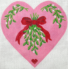 Christmas Ornament – Pink Heart w/ Mistletoe & Red Bow XM-40