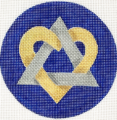 4” Round Ornament/Insert – Intertwined Heart/Star Of David – Golds & Silvers On Deep Blue JM-13