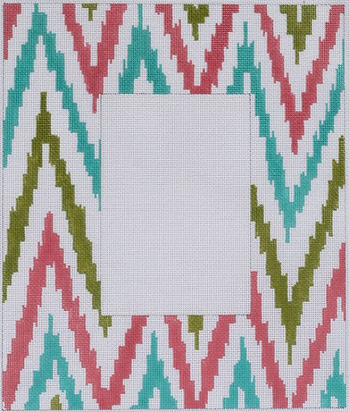 Frame – Large Ikat Zigzag – Coral, Turquoise, Green On White FR-05