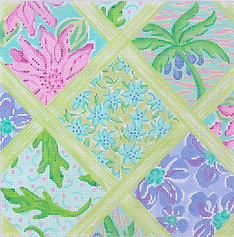 Med. Sq.– Lilly-Inspired Lattice Patchwork – Turquoise, Periwinkle, Violet & Greens PL-28