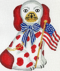 Mini Staffordshire Dog – White & Red w/ American Flag, Blue Striped Bow & Gold Chain OM-322