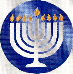 Hannukah Round – Menorah – Sparkly White, Yellow & Orange On Deep Blue JM-05